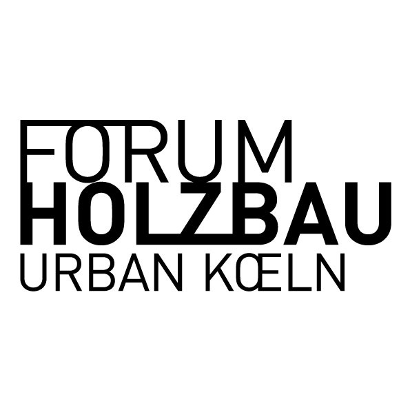 Schwarz-weißes Logo mit dem Text „FORUM HOLZBAU URBAN KÖLN“. Die Buchstaben sind unterschiedlich groß und angeordnet, wobei „HOLZBAU“ im Mittelpunkt steht.