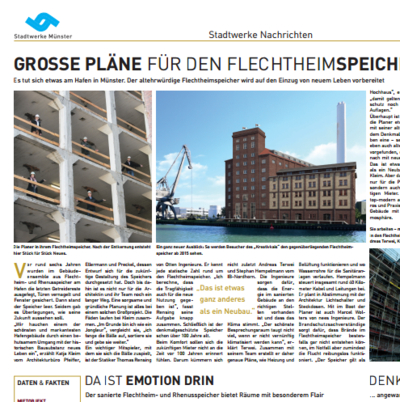 Eine Zeitungsseite mit der Überschrift "Große Pläne für den Flechtheimspeicher". Der Artikel beschreibt die Renovierung des alten Hafengebäudes in Münster und wie es zu einem neuen Lebensraum umgestaltet wird. Es gibt Bilder von Bauarbeiten und dem historischen Gebäude.