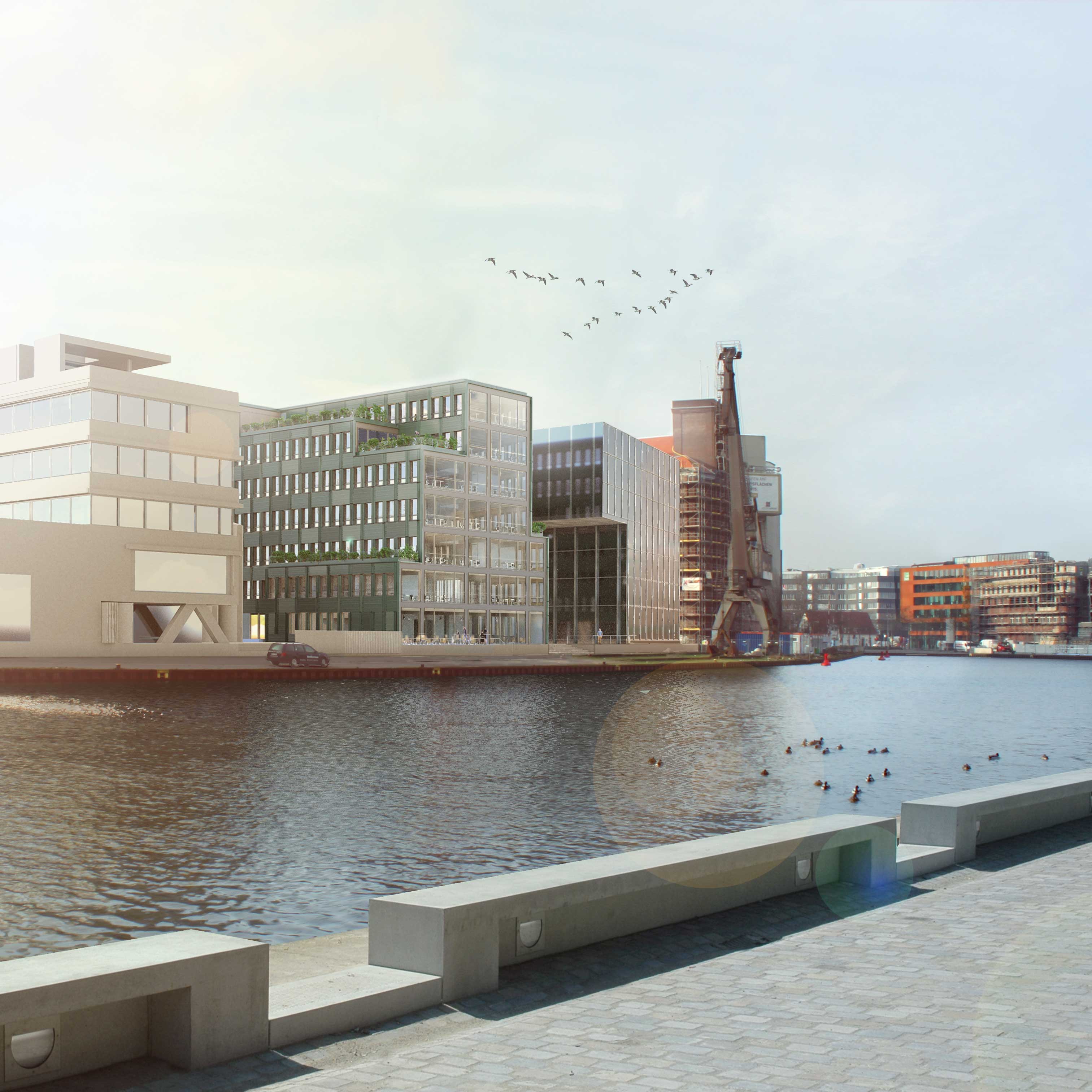 Ein modernes Stadtbild mit mehreren Gebäuden am Wasser, reflektiert im ruhigen Gewässer. Vögel fliegen am Himmel, während eine Promenade am Ufer zu sehen ist. Die Architektur kombiniert Glas- und Betonelemente, die einen urbanen Charme vermitteln.
