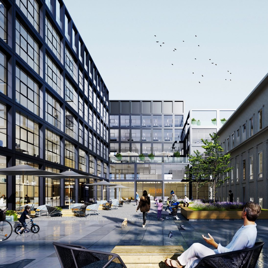 Eine moderne urbane Wohn- und Arbeitsumgebung mit mehreren Gebäuden. Menschen gehen, fahren Fahrrad, und entspannen in einer begrünten Freifläche. Sitzgelegenheiten und Pflanzen sind sichtbar. Die Architektur ist zeitgenössisch mit großen Glasflächen, die Licht hereinlassen. Der Himmel ist klar mit einigen Vögeln.