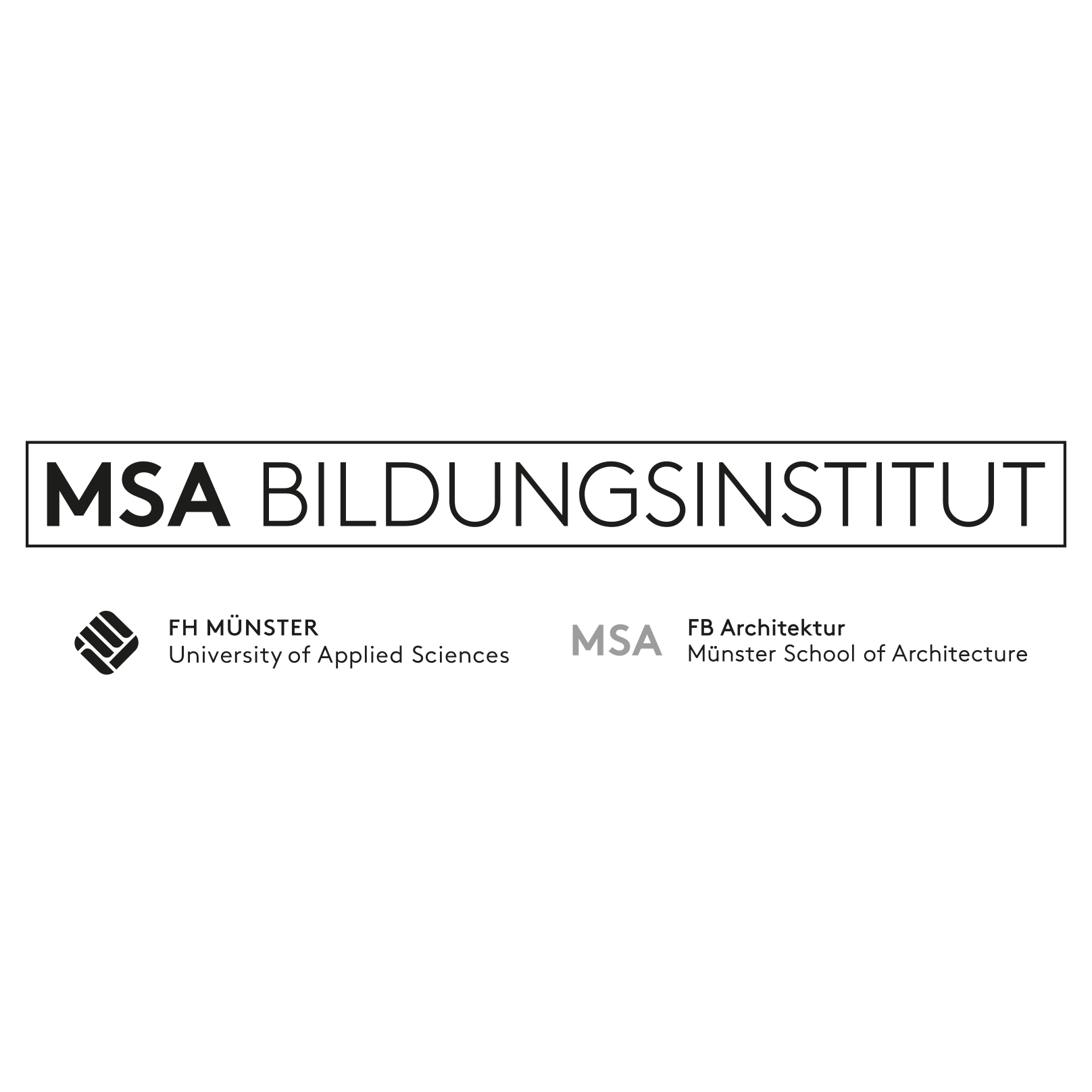 Logo des MSA Bildungsinstituts mit den Texten "FH MÜNSTER University of Applied Sciences" und "FB Architektur Münster School of Architecture". Das Design ist schlicht und modern, in Schwarz-Weiß gehalten.