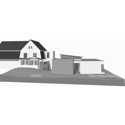 3D-Render eines modernen Gebäudes, das eine Kombination aus einem traditionellen Haus mit einem modernen Anbau zeigt. Der Anbau hat eine flache Dachkonstruktion und große Fensterflächen, während das Hauptgebäude ein steiles Dach und teilweise klassische Fenster hat.