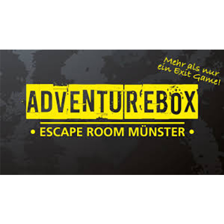 Logo der Adventure Box Escape Room Münster. Gelbe Schrift auf schwarzem Hintergrund mit dem Slogan „Mehr als nur ein Exit Game!“ und dem Namen „ADVENTUREBOX“ hervorgehoben.