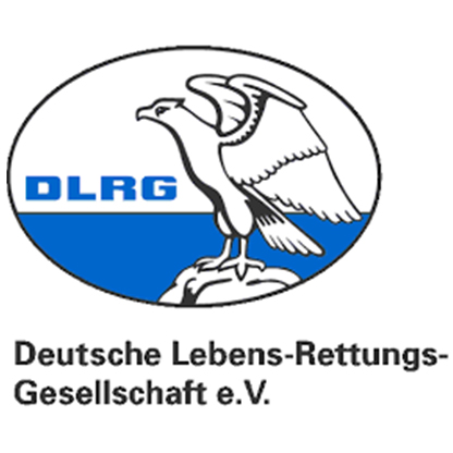 Logo der Deutschen Lebens-Rettungs-Gesellschaft e.V. (DLRG). Es zeigt einen stilisierten Adler, der auf einem Felsen sitzt, vor einem blauen Hintergrund, mit dem Schriftzug „DLRG“ und dem vollständigen Namen darunter.