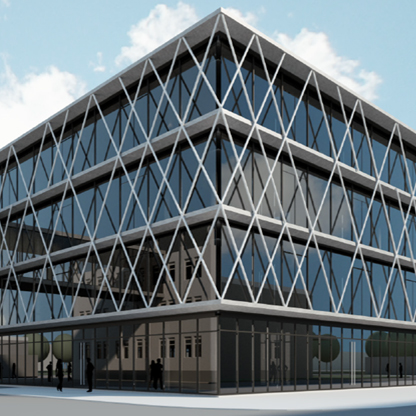 Modernes Gebäude mit einer einzigartigen Fassade aus großen Glasflächen, die von einem auffälligen, diagonalen Stahlgerüst durchzogen wird. Das Design weist klare Linien auf und wirkt futuristisch. Im Vordergrund sind Personen zu sehen, die sich in der Umgebung aufhalten.