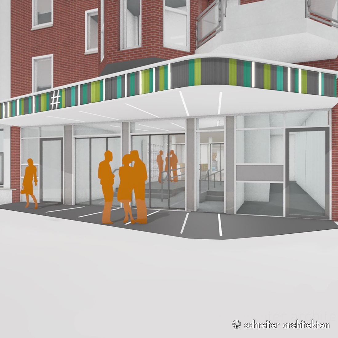Visualisierung eines modernen Eingangsbereichs eines Gebäudes mit einer überdachten Fahrzeugabstellfläche. Der Bereich ist von großen Fenstern und modernen architektonischen Elementen umgeben. Silhouetten von Menschen stehen vor dem Gebäude und interagieren miteinander.