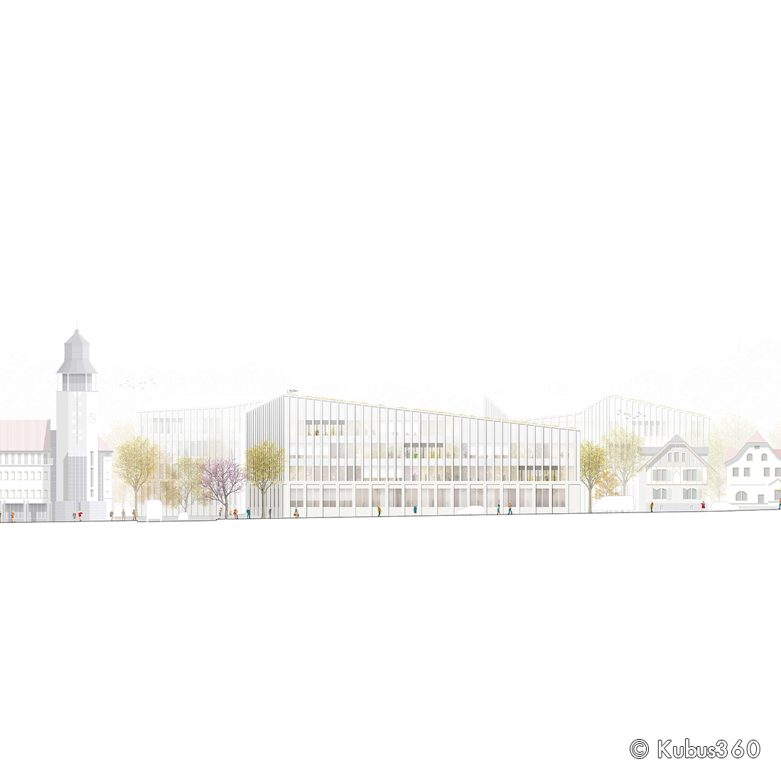 Grafische Darstellung eines modernen Gebäudes mit großen Fensterfronten und transparenten Materialien, umgeben von Bäumen und weiteren Gebäuden im Hintergrund. Personen bewegen sich vor dem Gebäude, das in einem hellen, modernen Stil gestaltet ist.