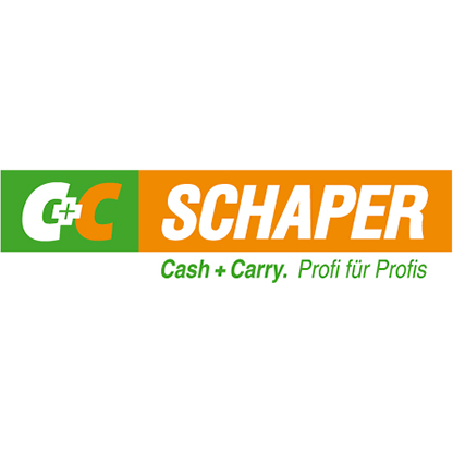 Logo der Firma C+C Schaper, bestehend aus den Farbblöcken Grün und Orange mit dem Text "C+C" und "SCHAPER". Darunter steht "Cash + Carry. Profi für Profis".