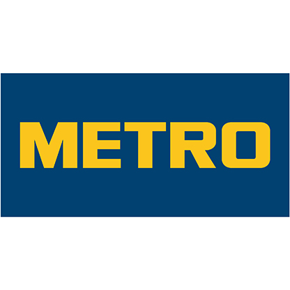 Das Bild zeigt das Logo von METRO. Es hat einen blauen Hintergrund und der Schriftzug "METRO" ist in großen, gelben Buchstaben gehalten.