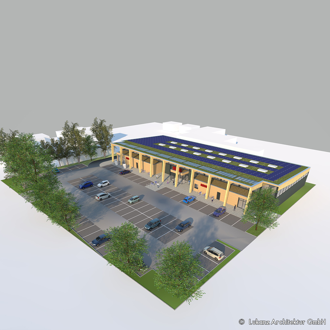Eine 3D-Architekturvisualisierung zeigt ein modernes Gebäude mit einem begrünten Dach. Vor dem Gebäude befindet sich ein Parkplatz mit mehreren Autos und Bäumen. Der Himmel ist grau, und das Gesamtbild vermittelt einen urbanen, zeitgemäßen Eindruck.