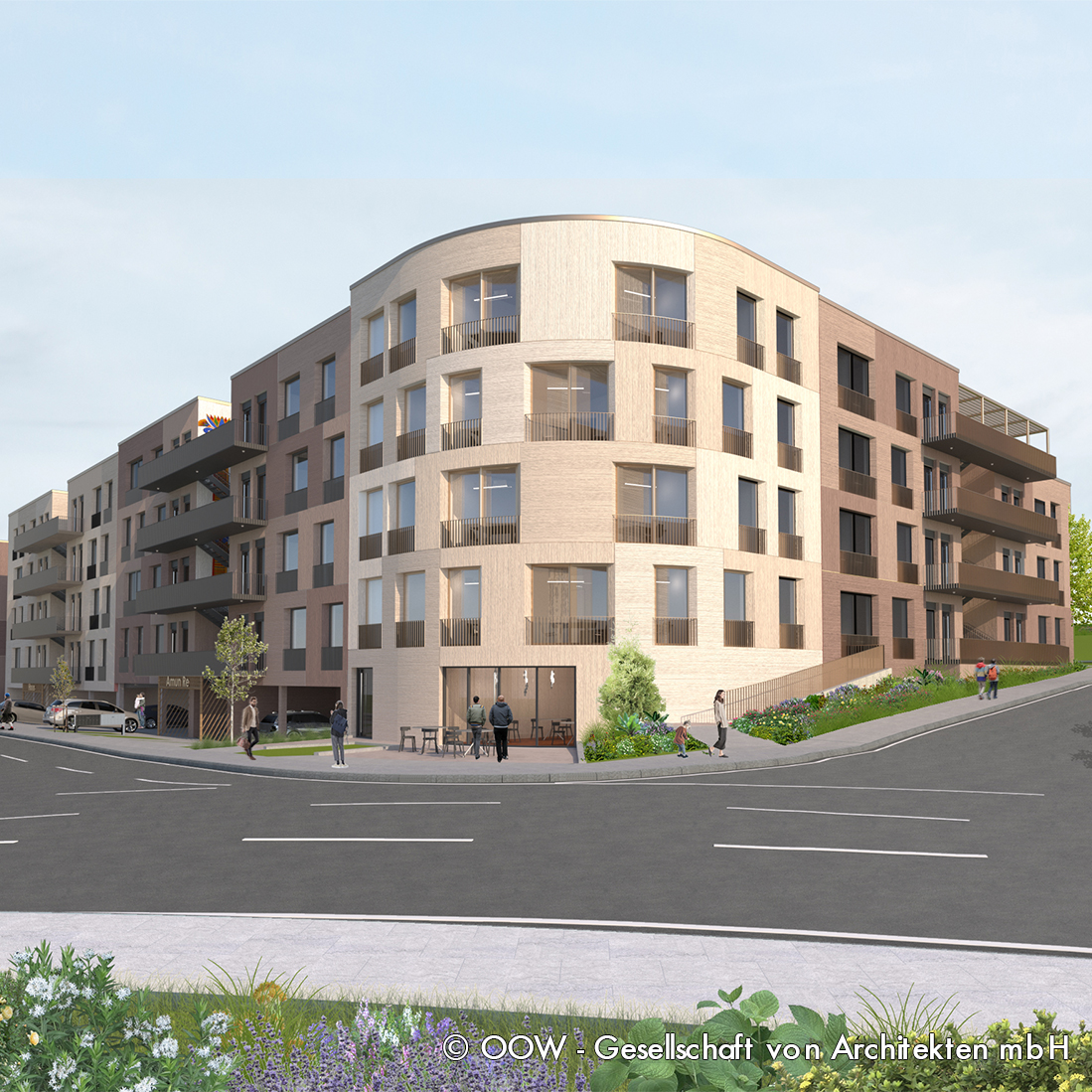 Moderne Wohngebäude an einer Straßenecke, mit verschiedenen Fassadendesigns in hellen und dunklen Tönen. Im Vordergrund sind Menschen zu sehen, die an Tischen sitzen und spazieren. Der Bereich ist mit Bäumen und Blumen gestaltet.