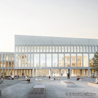 Modernes Gebäude mit großer Glasfront und mehreren Etagen. Vor dem Gebäude befinden sich Sitzgelegenheiten und Menschen, die sich im Freien bewegen. Die Architektur zeigt klare Linien und einen minimalistischen Stil. Der Hintergrund ist hell, was eine einladende Atmosphäre schafft.