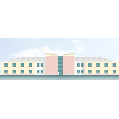 Eine farbige Darstellung eines modernen Gebäudes mit zwei Seitenflügeln in Gelb und einer zentralen pinkfarbenen Einfahrt. Das Dach ist leicht geneigt, und es gibt große Fenster. Vor dem Gebäude sind kleine Figuren zu sehen, die den Eingang passieren.
