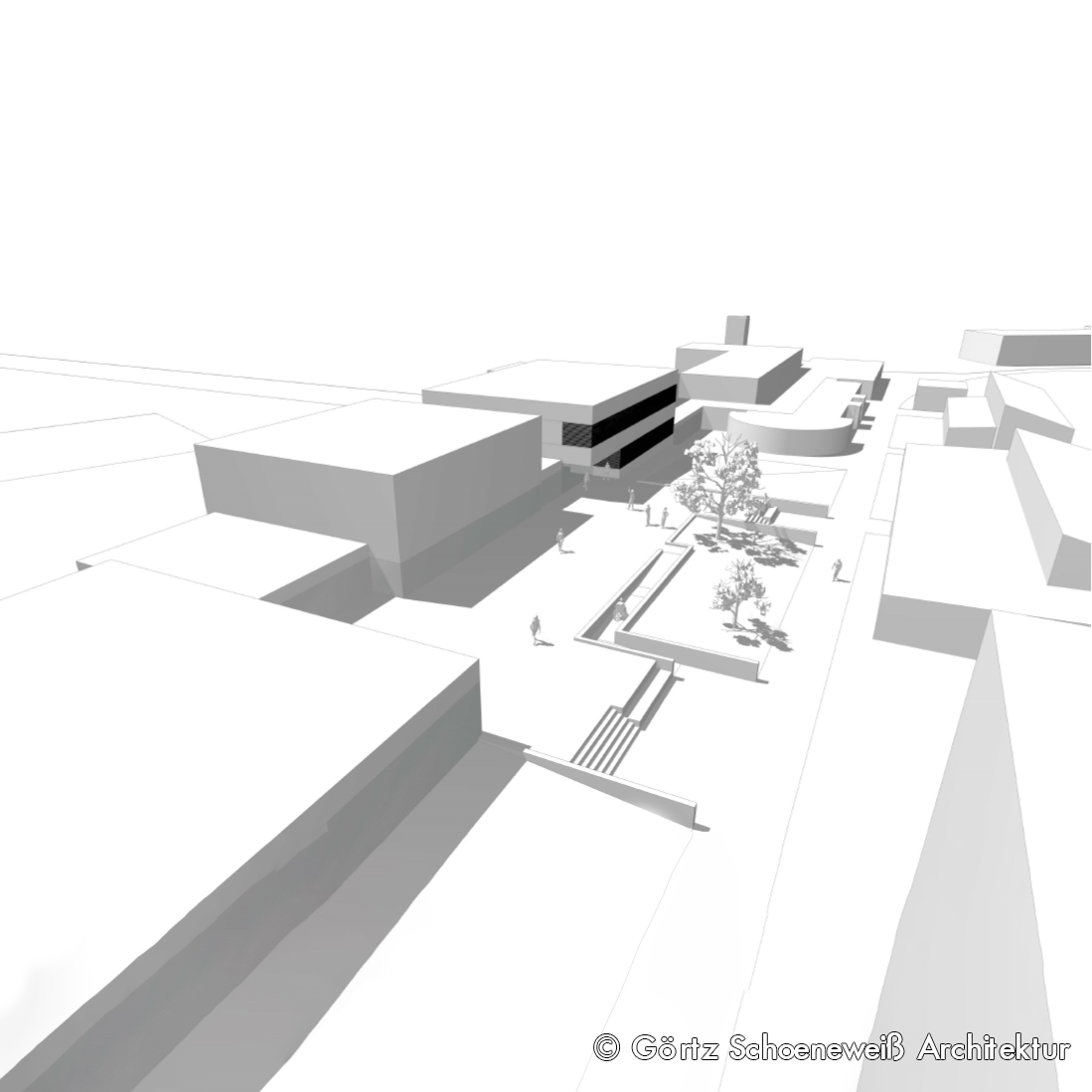 Architektonische 3D-Darstellung eines modernen, urbanen Areals. Die Szene zeigt eine Reihe von Gebäuden, einen zentralen Platz mit einem Baum und Treppen. Die gesamte Darstellung ist in Weiß gehalten, was einen minimalistischen Eindruck vermittelt.