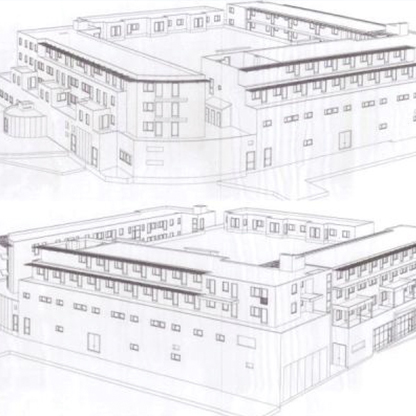 Architektonische Skizze eines Gebäudekomplexes, der mehrere Stockwerke und Fenster umfasst. Die Zeichnung zeigt verschiedene Ansichten des Gebäudes und macht Raumaufteilung sowie Fassadengestaltung deutlich. Die Linien sind klar und einfach gehalten, ohne detaillierte Beschriftungen oder Farben.