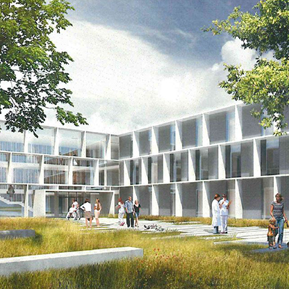 Moderne architektonische Darstellung eines Gebäudes mit hellen Fassaden und großen Fenstern. Vor dem Gebäude stehen mehrere Personen, darunter Familien und Fachkräfte. Die Umgebung ist grün, mit Bäumen und Rasenflächen, die eine freundliche Atmosphäre schaffen.