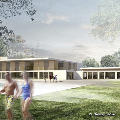 Moderne Architektur eines Gebäudes in einer grünen Umgebung. Im Vordergrund sind zwei Personen in Badebekleidung zu sehen, die entlang eines Weges gehen. Daneben ist eine Gruppe von Menschen sichtbar. Das Gebäude hat große Fenster und eine helle Fassade.