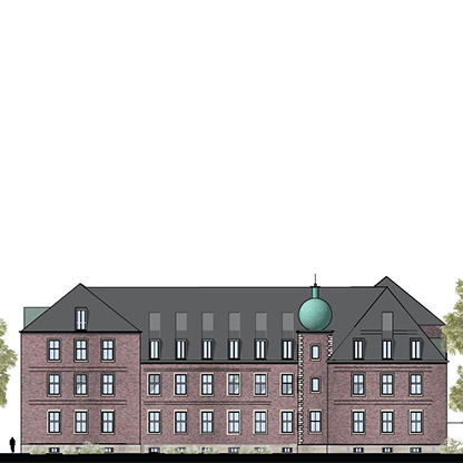 Architektonische Zeichnung eines Gebäudes mit Ziegelmauerwerk, mehreren Fenstern und einem grünen Kuppeldach. Der Entwurf zeigt eine Fassade mit unterschiedlichen Dächern und einem hervorstehenden Turm. Bäume sind am unteren Bildrand angedeutet.