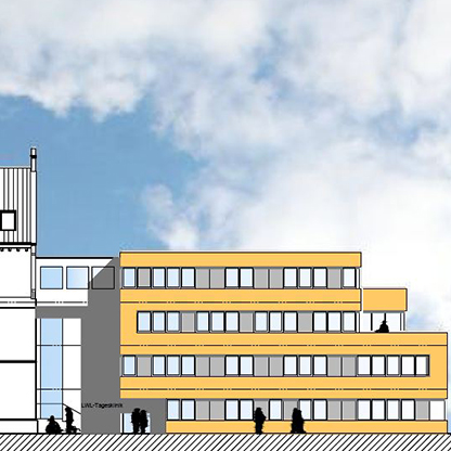 Technische Zeichnung eines modernen Gebäudes mit mehreren Etagen. Das Gebäude hat eine beige und graue Fassade und viele Fenster. Im Vordergrund sind Menschen abgebildet, die verschiedene Aktivitäten ausführen. Der Himmel ist blau mit einigen Wolken.