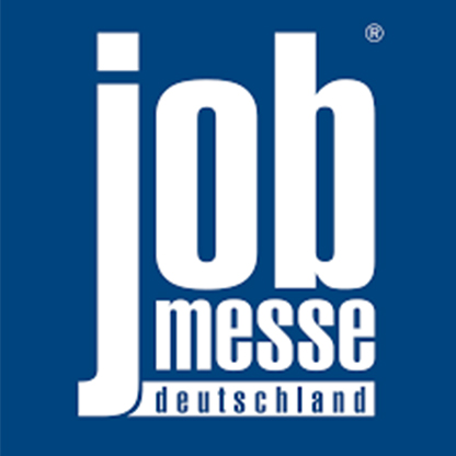 Logo der Jobmesse Deutschland auf blauem Hintergrund, mit dem Schriftzug "job" und "messe" in großem, auffallendem Weiß, sowie "deutschland" in kleinerer Schrift.