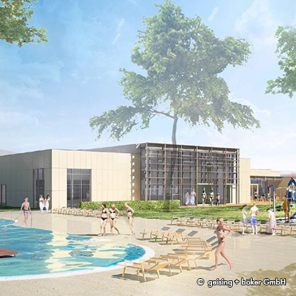 Ein modernes Freizeitbad mit einem Pool im Vordergrund und Liegen entlang des Ufers. Im Hintergrund befindet sich ein helles Gebäude mit großen Fenstern, umgeben von Bäumen und einer Spielplatzfläche. Menschen genießen den Raum, einige schwimmen, andere entspannen.