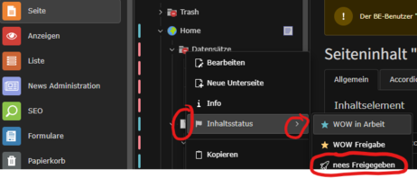 Bildbeschreibung: Screenshot einer Benutzeroberfläche mit einem Menü auf der linken Seite. Ein Menüeintrag "Inhaltsstatus" ist hervorgehoben. Rechts sind Optionen zu sehen, darunter "WOW Freigabe" und "neues Freigeben".