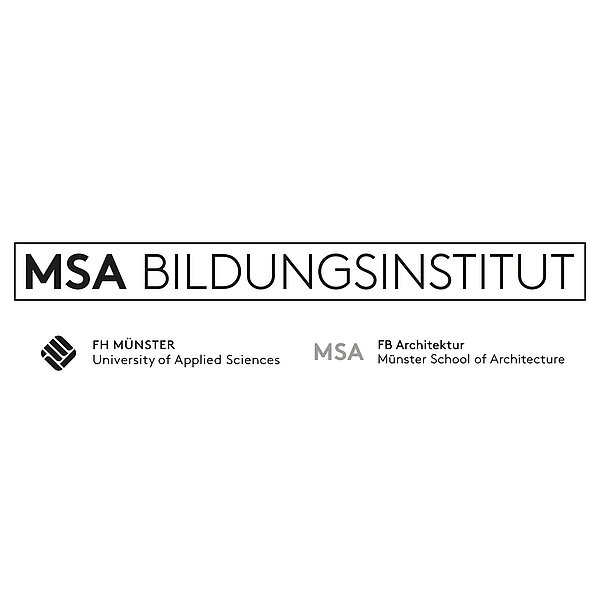 Logo des MSA Bildungsinstituts mit den Texten "FH MÜNSTER University of Applied Sciences" und "FB Architektur Münster School of Architecture". Das Design ist schlicht und modern, in Schwarz-Weiß gehalten.