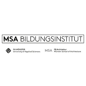 Logo des MSA Bildungsinstituts mit den Texten "FH MÜNSTER University of Applied Sciences" und "FB Architektur Münster School of Architecture". Das Design ist schlicht und modern, in Schwarz-Weiß gehalten.