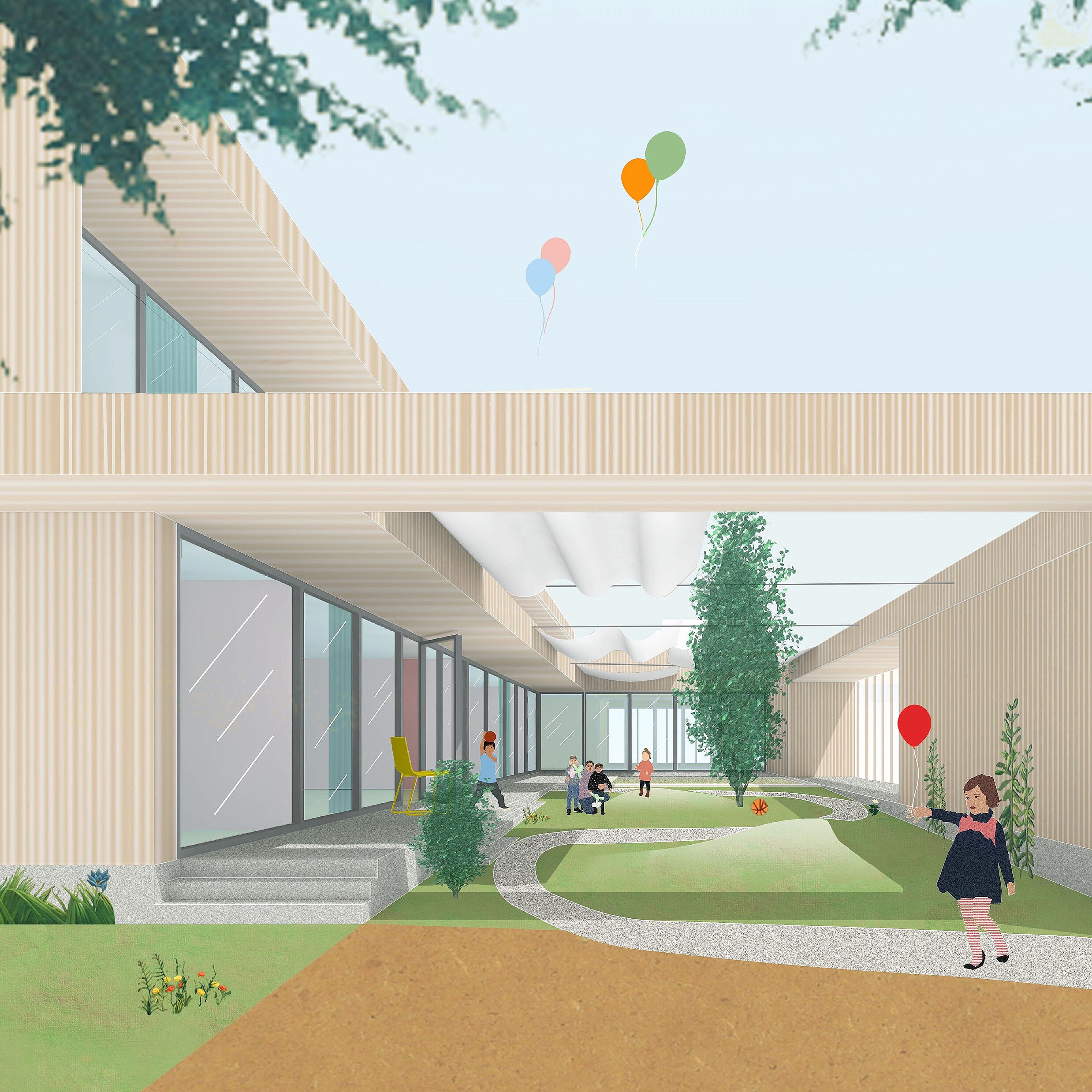 Illustration eines modernen Gebäudes mit großen Fenstern, umgeben von einem Garten. Kinder spielen im Freien, während ein Mädchen mit einem roten Ballon in der Nähe steht. Im Hintergrund sind ein paar Bäume und bunte Luftballons, die am Himmel schweben.