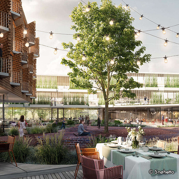 Eine moderne, einladende Außenanlage mit einem großen Baum in der Mitte, umgeben von festlicher Beleuchtung. Im Hintergrund sind Gebäude mit großen Fenstern und begrünten Balkonen zu sehen. Menschen sitzen, stehen und bewegen sich im Freien, während ein Esstisch auf der Vorderseite gedeckt ist.