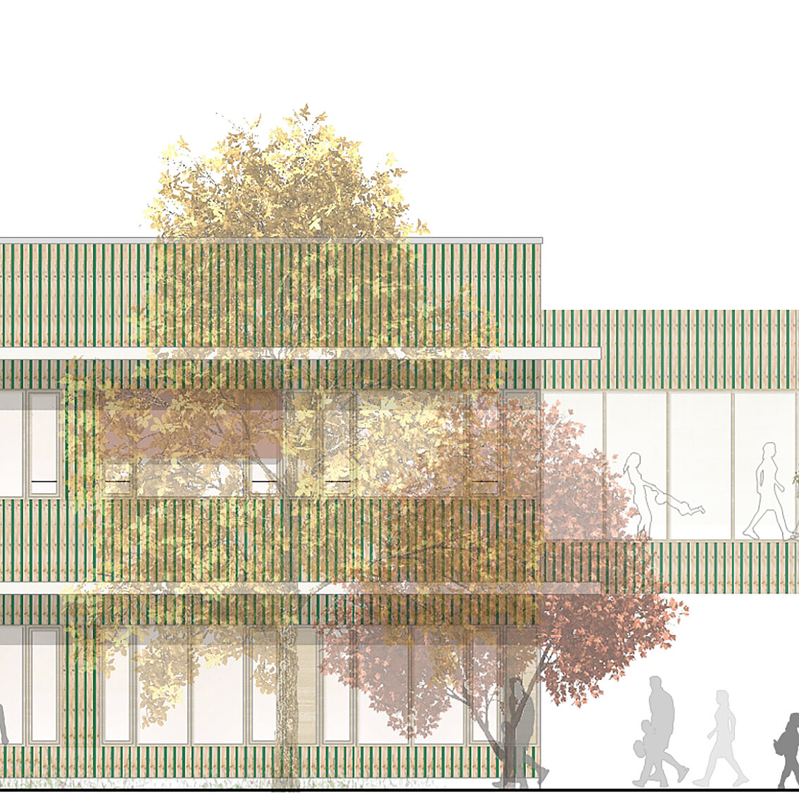 Architektonische Ansicht eines modernen Gebäudes mit vertikalen, grünen Streifen. Im Vordergrund sind silhouettenhafte Figuren zu sehen, die sich auf einem Gehweg bewegen. Bäume mit Herbstblättern umgeben die Struktur, die in einem hellen, neutralen Hintergrund dargestellt ist.
