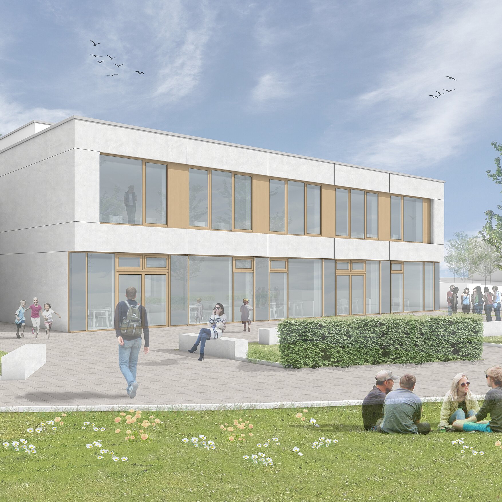 Modernes Schulgebäude mit großen Fenstern und einem Eingangsbereich. Im Vordergrund sitzen mehrere Schüler auf dem Rasen, während andere auf dem Gehweg stehen oder vorbeigehen. Umgeben von Bäumen und Rasenflächen, vermittelt die Szene eine freundliche Lernumgebung.