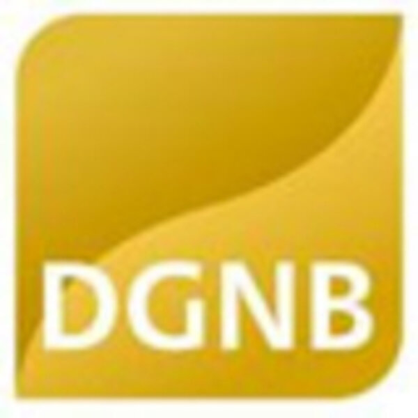 Ein quadratisches, gelbes Logo mit abgerundeten Ecken. In der Mitte steht der Text „DGNB” in Großbuchstaben. Die rechte obere Ecke hat eine geschwungene Form, die dem Design Tiefe verleiht.
