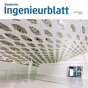 Dachansicht eines modernen Innenraums mit auffälliger, gewellter Decke und hellen Wänden. Der Boden ist ebenfalls hell, und es gibt Glaswände im Hintergrund. Oben links steht der Titel "Deutsches Ingenieurblatt" mit dem Datum und Preis.
