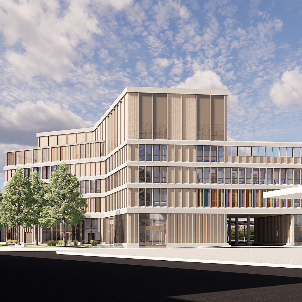 Modernes Gebäude mit klaren Linien und großen Fenstern, umgeben von Bäumen. Die Fassade hat eine harmonische Kombination aus hellen und dunklen Elementen. Ein heller Himmel mit einigen Wolken ergänzt die Architektur.