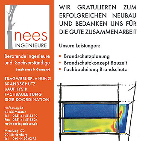 Die Grafik zeigt eine Anzeige von Nees Ingenieure mit dem Text „Wir gratulieren zum erfolgreichen Neubau und bedanken uns für die gute Zusammenarbeit“. Die Liste umfasst Leistungen wie Brandschutzplanung und Fachbauleitung Brandschutz. Das Design ist farbenfroh mit einer künstlerischen Darstellung.