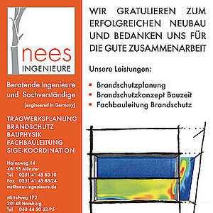 Die Grafik zeigt eine Anzeige von Nees Ingenieure mit dem Text „Wir gratulieren zum erfolgreichen Neubau und bedanken uns für die gute Zusammenarbeit“. Die Liste umfasst Leistungen wie Brandschutzplanung und Fachbauleitung Brandschutz. Das Design ist farbenfroh mit einer künstlerischen Darstellung.