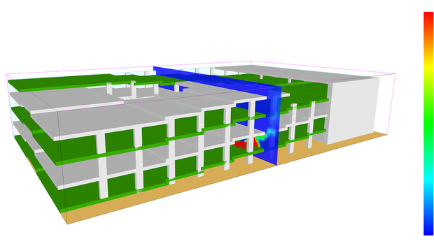3D-Modell eines mehrstöckigen Gebäudes mit grünen Flächen und blauen Wasserströmen, die durch das Innere verlaufen. Das Modell zeigt verschiedene Ebenen und einen Fluss, der zentrale Bereiche verbindet. Rechts ist eine Farbskala, die vermutlich die Intensität oder Tiefe anzeigt.