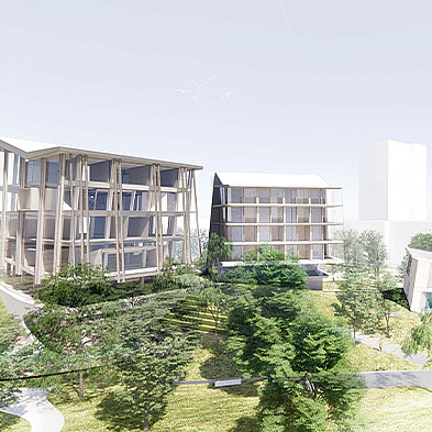 Ein modernes Architekturkonzept zeigt mehrere Gebäude mit gläsernen und holzverkleideten Fassaden, umgeben von Grünflächen und Bäumen. Der Landschaftsgarten ist mit Gehwegen gestaltet, die durch die Anlage führen. Die Architektur erscheint lichtdurchflutet und harmonisch in die Umgebung integriert.