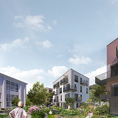 Eine moderne Wohnanlage mit mehreren Gebäuden in einem grünen, blühenden Garten. Menschen spazieren durch die Anlage, umgeben von Bäumen und Pflanzen, unter einem klaren Himmel. Die Architektur ist zeitgenössisch, mit Balkonen und unterschiedlichen Fassaden.