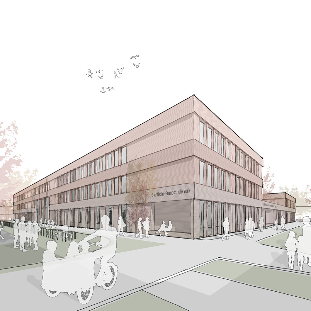 Eine architektonische Skizze eines modernen Schulgebäudes mit mehreren Fenstern und einem klaren, offenen Design. Menschen, darunter Kinder auf Fahrrädern, bewegen sich um das Gebäude, das von Bäumen und einem grünen Bereich umgeben ist.
