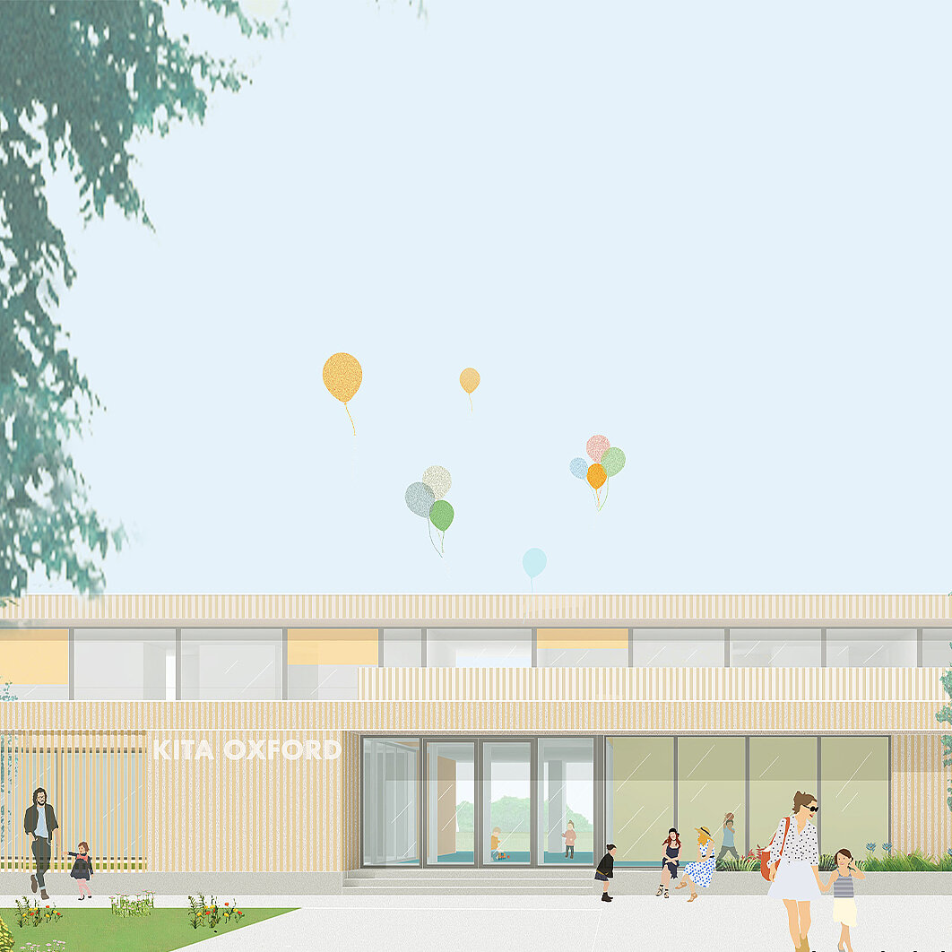 Illustration eines modernen Kindergartens mit der Aufschrift "KITA OXFORD". Vor dem Gebäude spielen Kinder, während Erwachsene sie begleiten. Farbige Luftballons schweben im Himmel. Bäume und Gartenflächen umranden die Szenerie.
