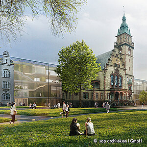 Eine moderne städtische Landschaft mit einem historischen Gebäude im Vordergrund und einem futuristischen Anbau aus Glas. Menschen genießen die Grünfläche und entspannen im Freien. Bäume und ein Teich ergänzen die Szenerie, die eine harmonische Verbindung zwischen Alt und Neu zeigt.