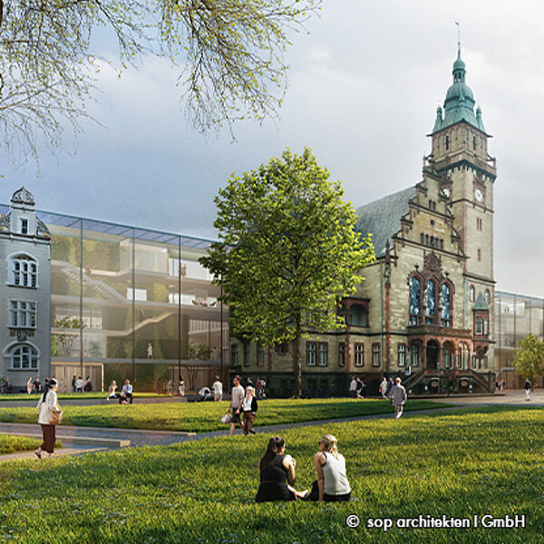Eine moderne städtische Landschaft mit einem historischen Gebäude im Vordergrund und einem futuristischen Anbau aus Glas. Menschen genießen die Grünfläche und entspannen im Freien. Bäume und ein Teich ergänzen die Szenerie, die eine harmonische Verbindung zwischen Alt und Neu zeigt.