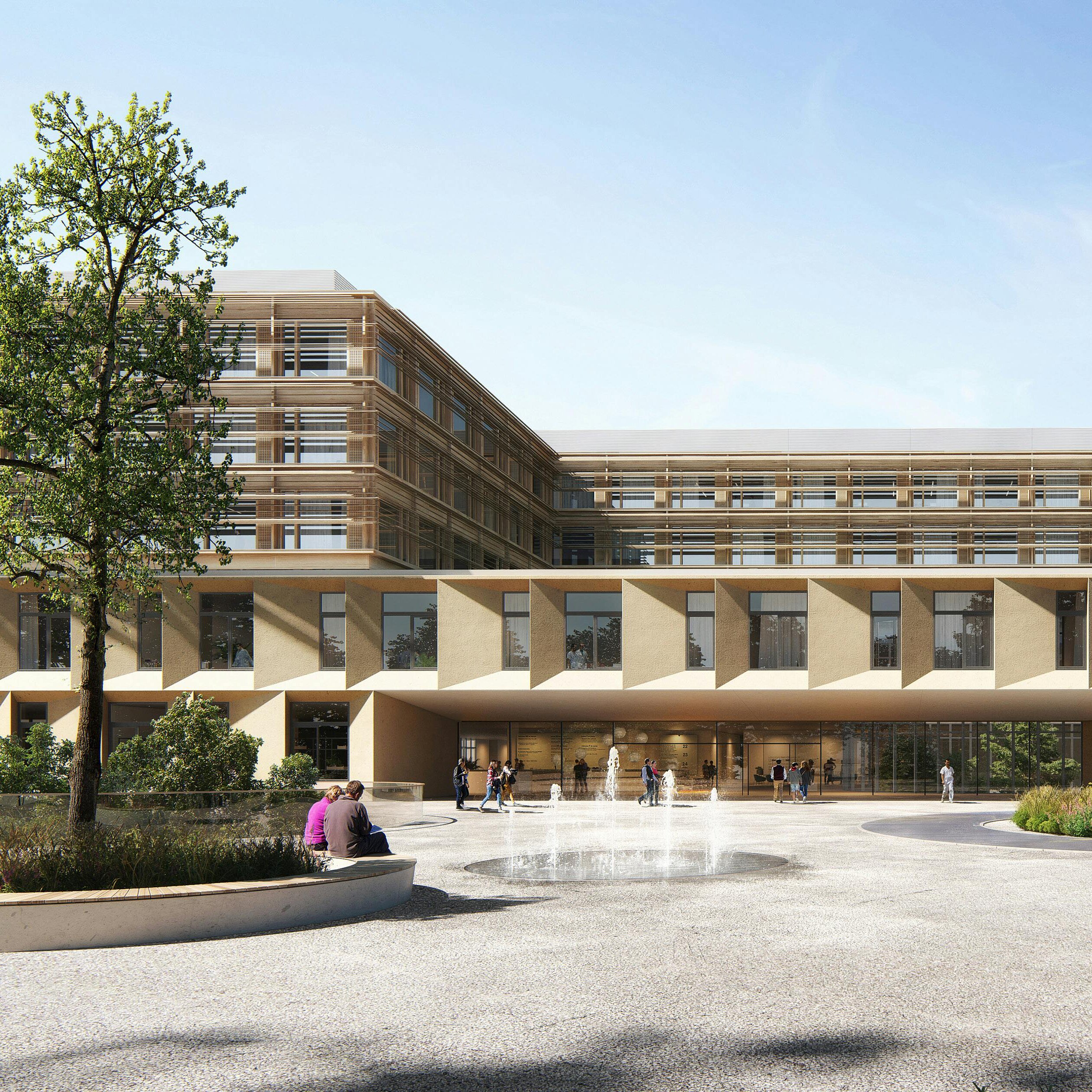 Moderne Gebäude mit mehreren Etagen, neu gestaltet mit großen Fenstern und einem modernen Eingang. Vor dem Gebäude befindet sich ein attraktiver Außenbereich mit Bäumen, Sträuchern und einer Wasserstelle, während Personen im Vordergrund spazieren gehen.