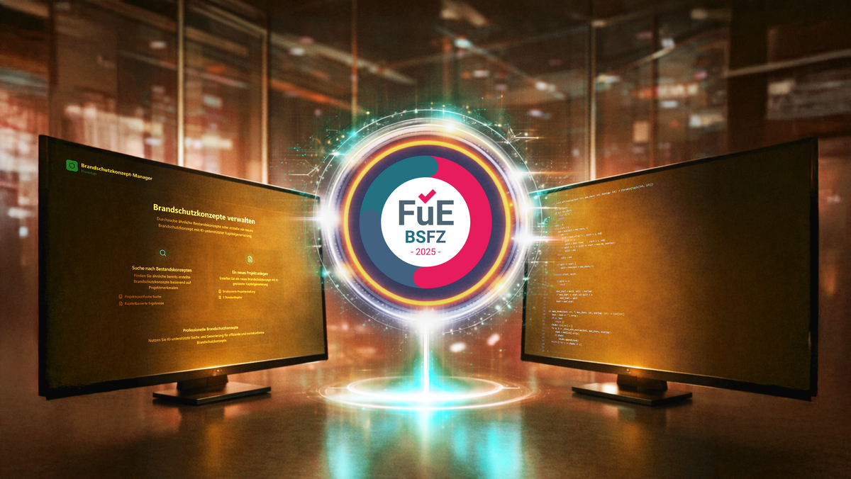 Zwei Computerbildschirme stehen in einer modernen Umgebung, mit einem leuchtenden Logo in der Mitte, das "FÜ BSFZ 2023" zeigt. Auf den Bildschirmen sind Text und Code zu sehen, die sich auf technische Themen oder Anleitungen beziehen.