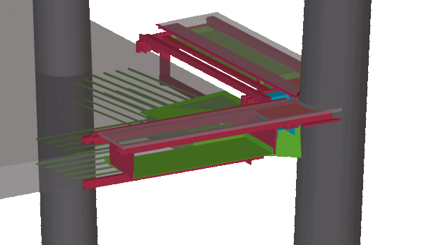 3D-Rendering einer komplexen mechanischen Struktur mit verschiedenen farbigen Komponenten. Es gibt rote, grüne und blaue Teile, die ein Verbindungselement darstellen, das mit vertikalen cylindrischen Säulen in Kontakt steht. Die Struktur vermittelt einen technischen und ingenieurmäßigen Eindruck.