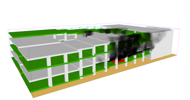 3D-Darstellung eines Gebäudes mit mehreren Stockwerken, in dem Rauch aus einem Brand auf der linken Seite aufsteigt. Die Struktur hat grüne Bereiche und zeigt eine Reduzierung der Lichtverhältnisse durch den Rauch.