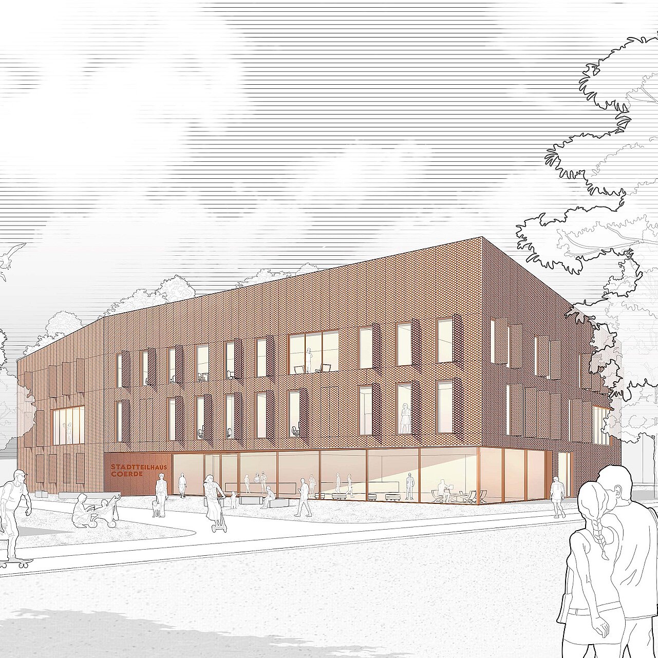 Ein architektonisches Konzept eines modernen, dreistöckigen Gebäudes mit Holzfassade. Vor dem Gebäude sind Bäume und Menschen, die sich auf einem Weg bewegen. Die Architektur ist klar und schlicht gestaltet, mit großen Fenstern, die Licht einlassen.
