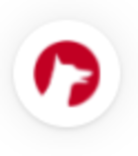 Rotes Logo mit dem Umriss eines Hundes auf weißem Hintergrund, in einem runden Design.
